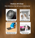 Advertisement for Healux All Clear with images of camera lens, laptop screen, mobile screen, and tab screen cleaning.