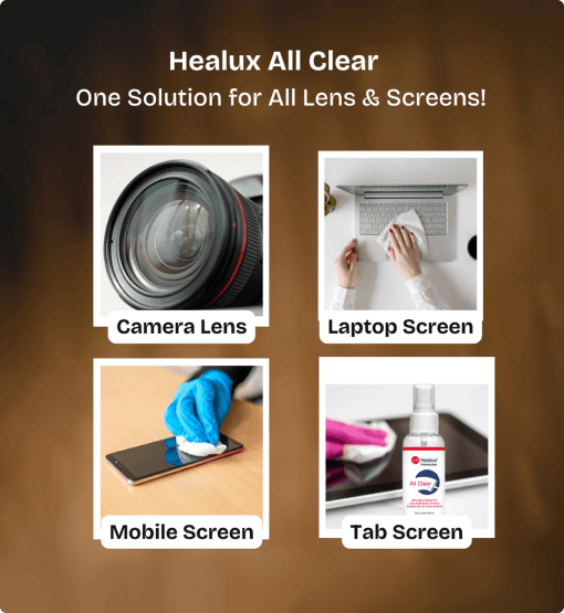 Advertisement for Healux All Clear with images of camera lens, laptop screen, mobile screen, and tab screen cleaning.
