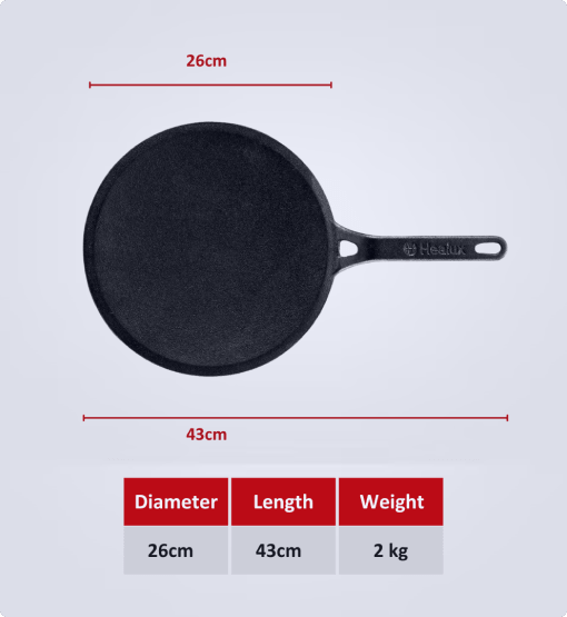 Black frying pan with measurements on a white background