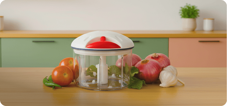 Kitchen chopper on a wooden table with fruits and vegetables in a kitchen setting