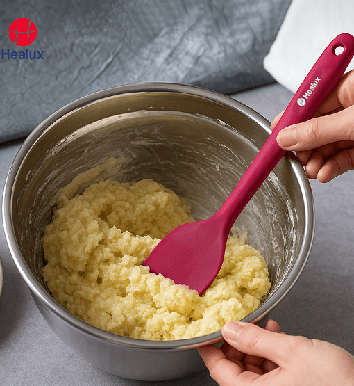 Person using a pink spatula to mix ingredients in a metal bowl with Healux branding.