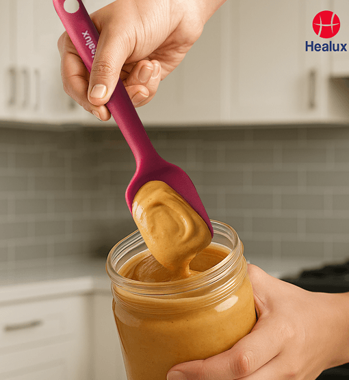 Person using a pink silicone spatula to scoop peanut butter from a jar, with Healux logo in the corner.