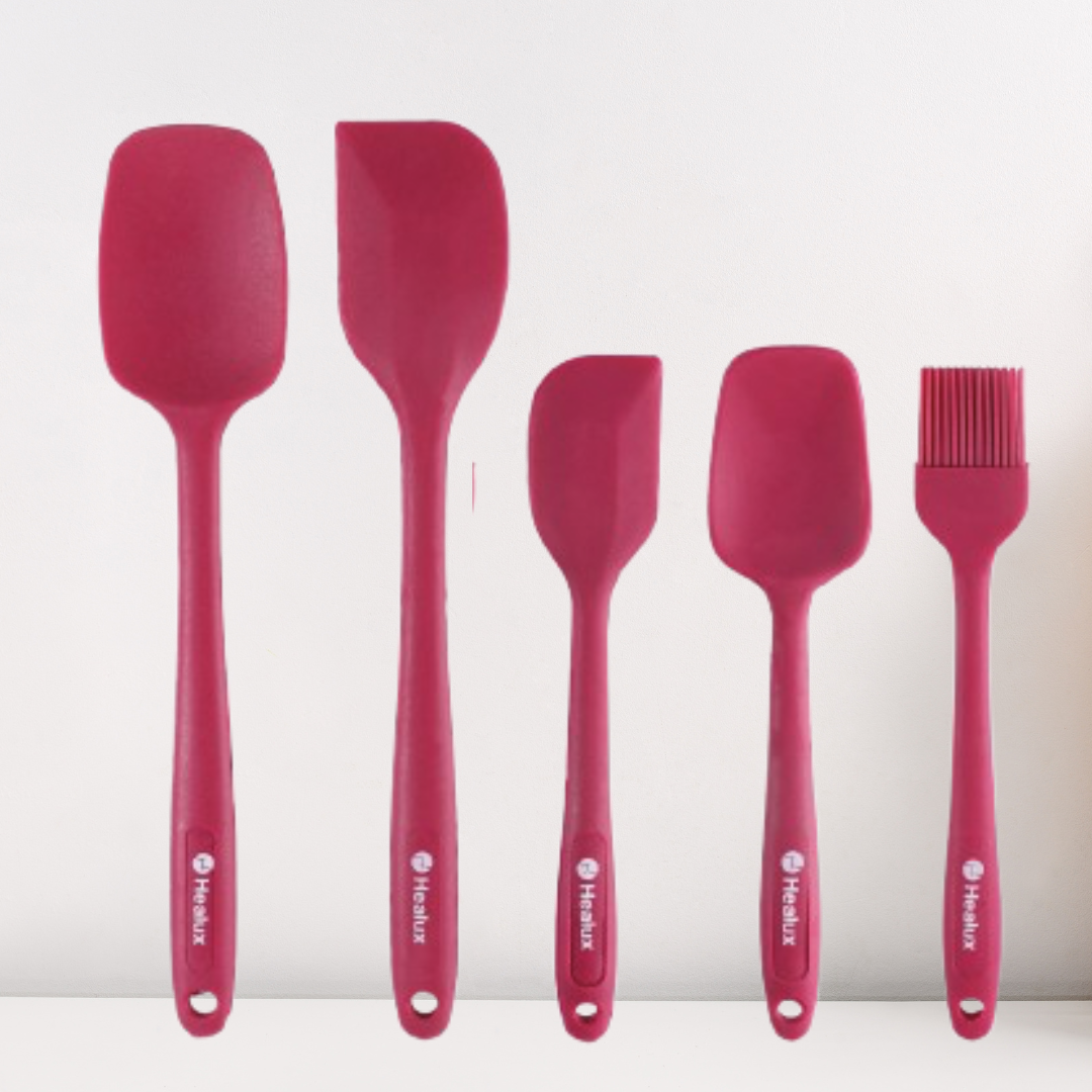 Healux Home Chef Silicone Spatula set – 5 Pcs | Stainless Steel Core | BPA-Free &100% Food Grade Silicone | Scratch Resistant – Wine Red