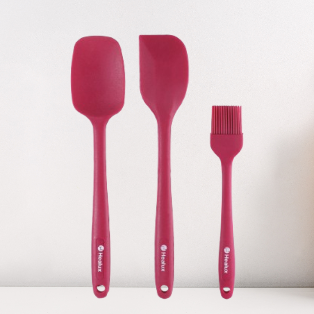 Healux Maxi Silicone Spatula set – 3 Pcs | Stainless Steel Core | BPA-Free &100% Food Grade Silicone | Wine Red
